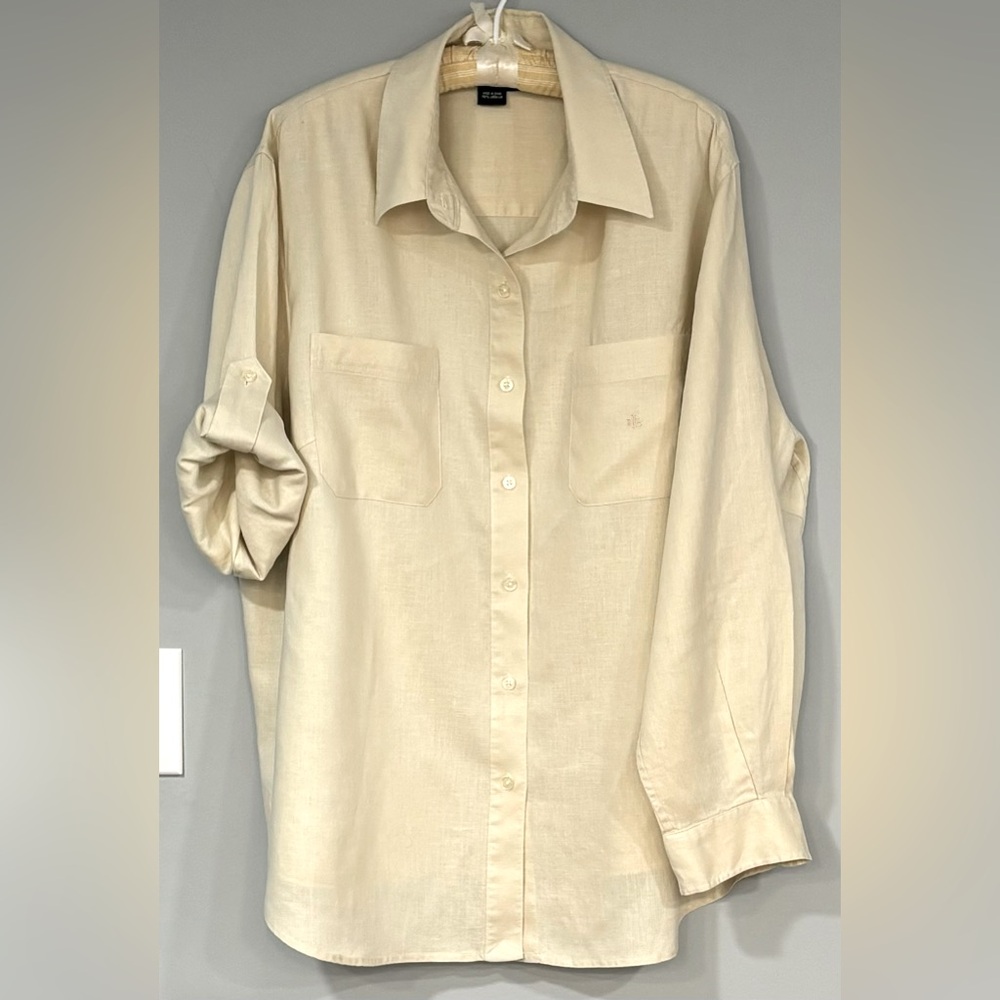 LAUREN by RALPH LAUREN Tan Linen CONVERTIBLE Button Down Blouse Shirt 2X